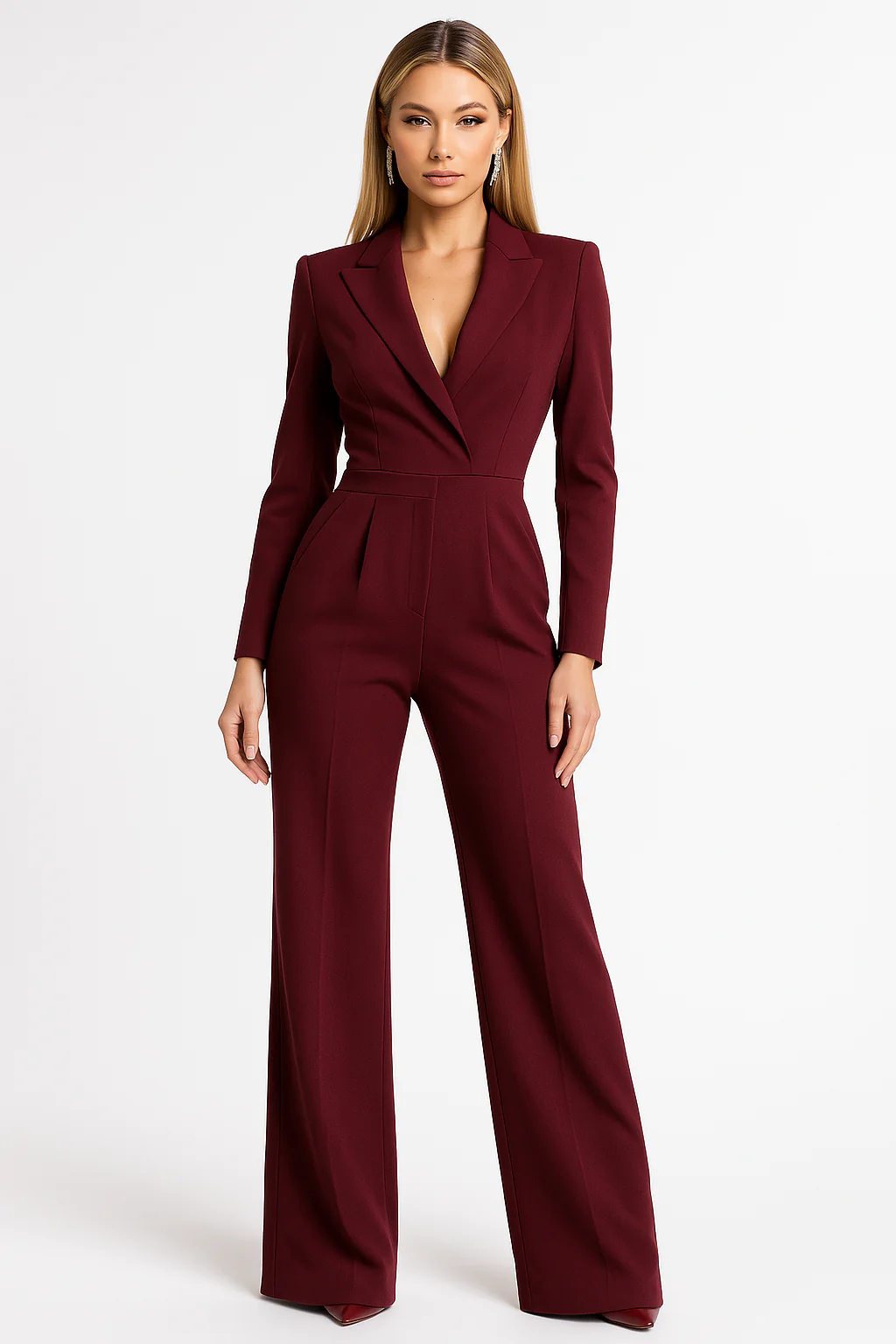 Women's Formal Blazer Jumpsuit Burgundy Wide Leg Pant Suit Elegant — Main Image
