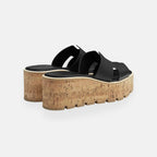 Women's Cork Platform Slide Sandals Black Leather Open-Toe Slip-On Wedge — Image 3