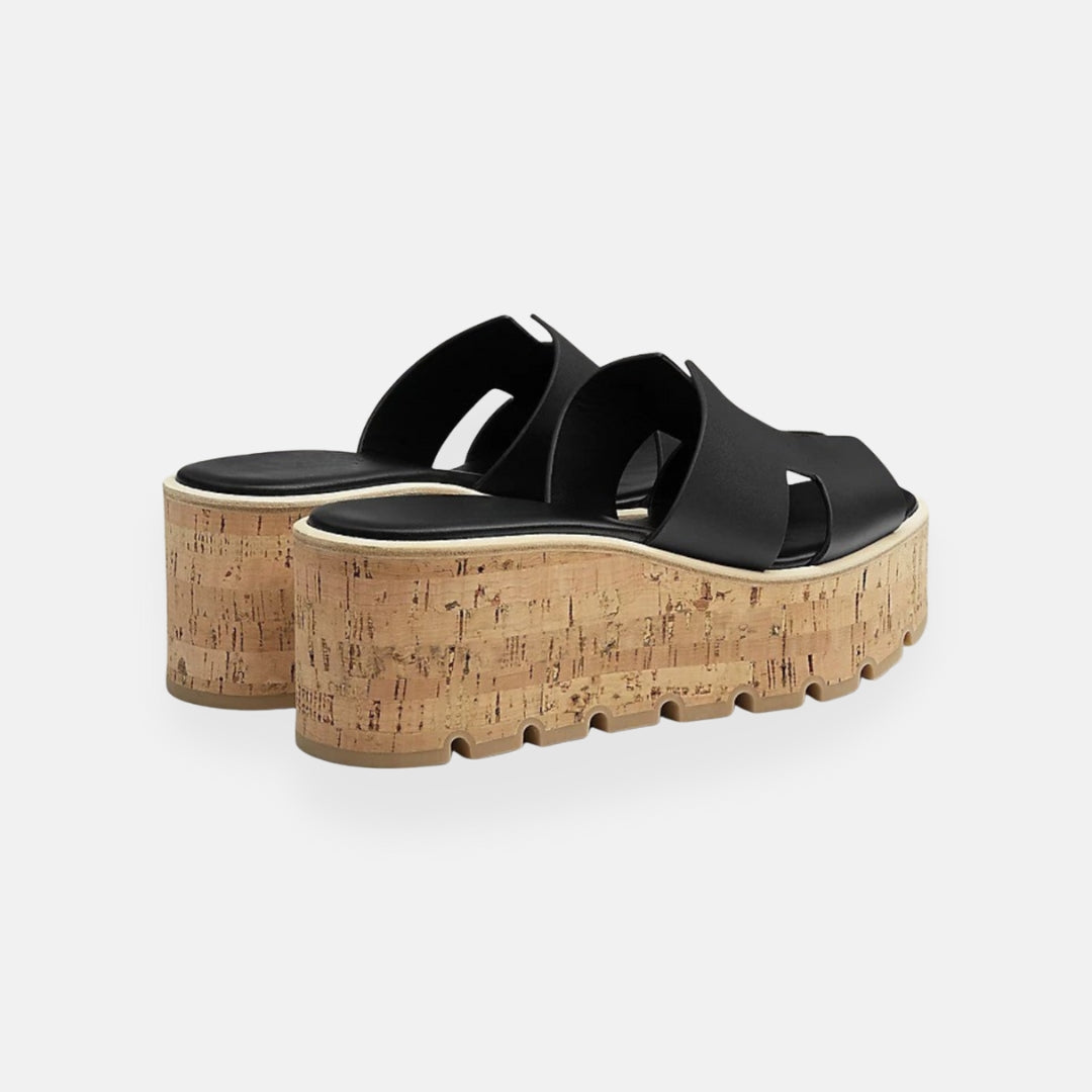 Women's Cork Platform Slide Sandals Black Leather Open-Toe Slip-On Wedge — Image 3