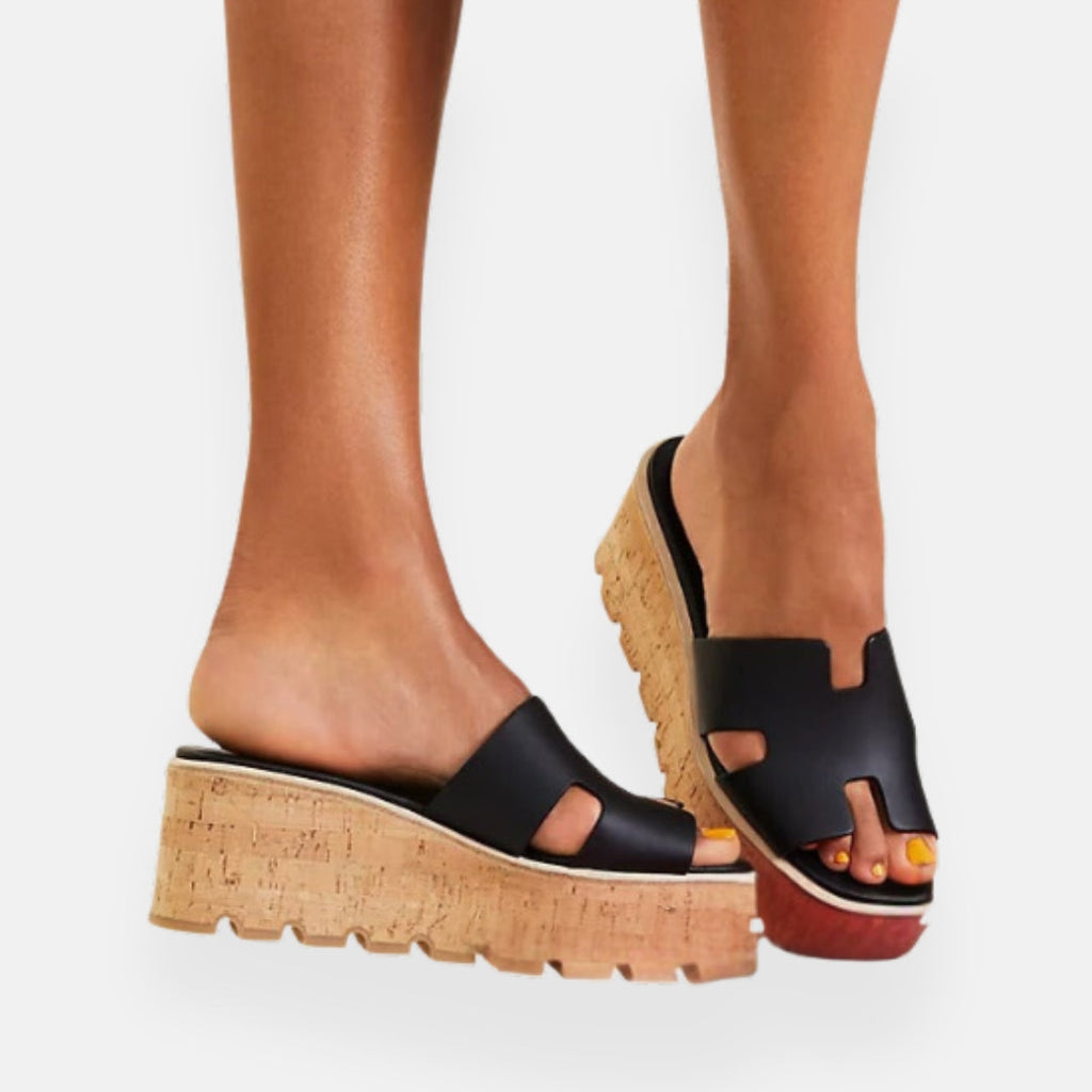 Women's Cork Platform Slide Sandals Black Leather Open-Toe Slip-On Wedge — Main Image