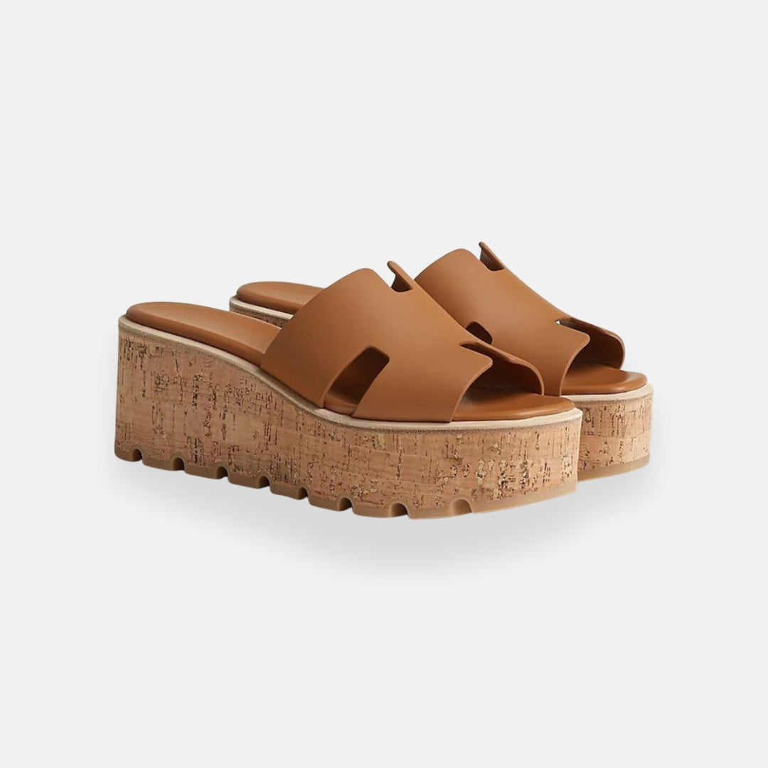 Women's Cork Platform Slide Sandals Black Leather Open-Toe Slip-On Wedge — Image 4
