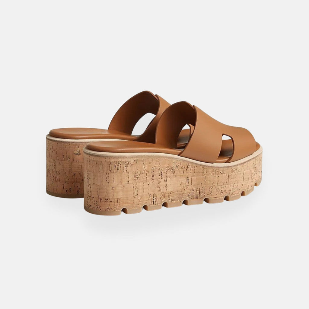 Women's Cork Platform Slide Sandals Black Leather Open-Toe Slip-On Wedge — Image 5