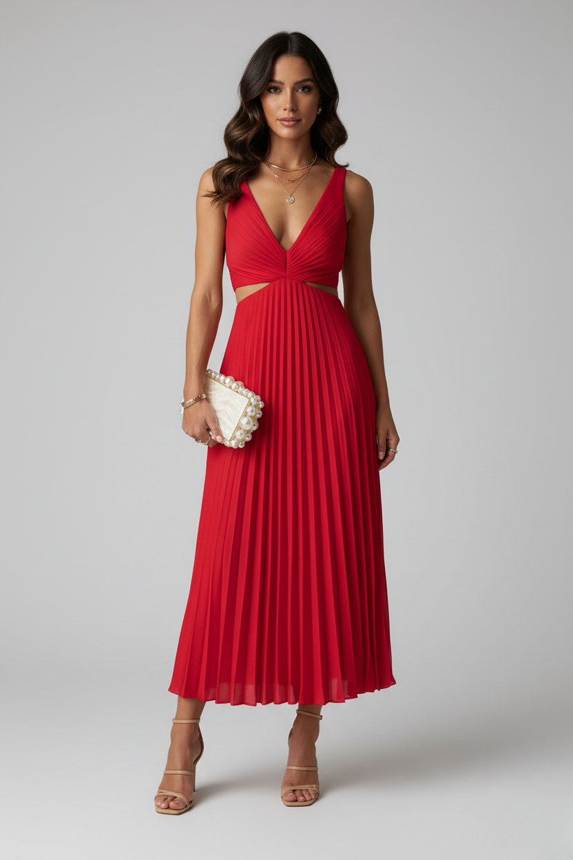 Pleated Midi Dress V-Neck Cutout Waist Sleeveless - Available in Yellow, Purple, Red, Black, Green — Image 4