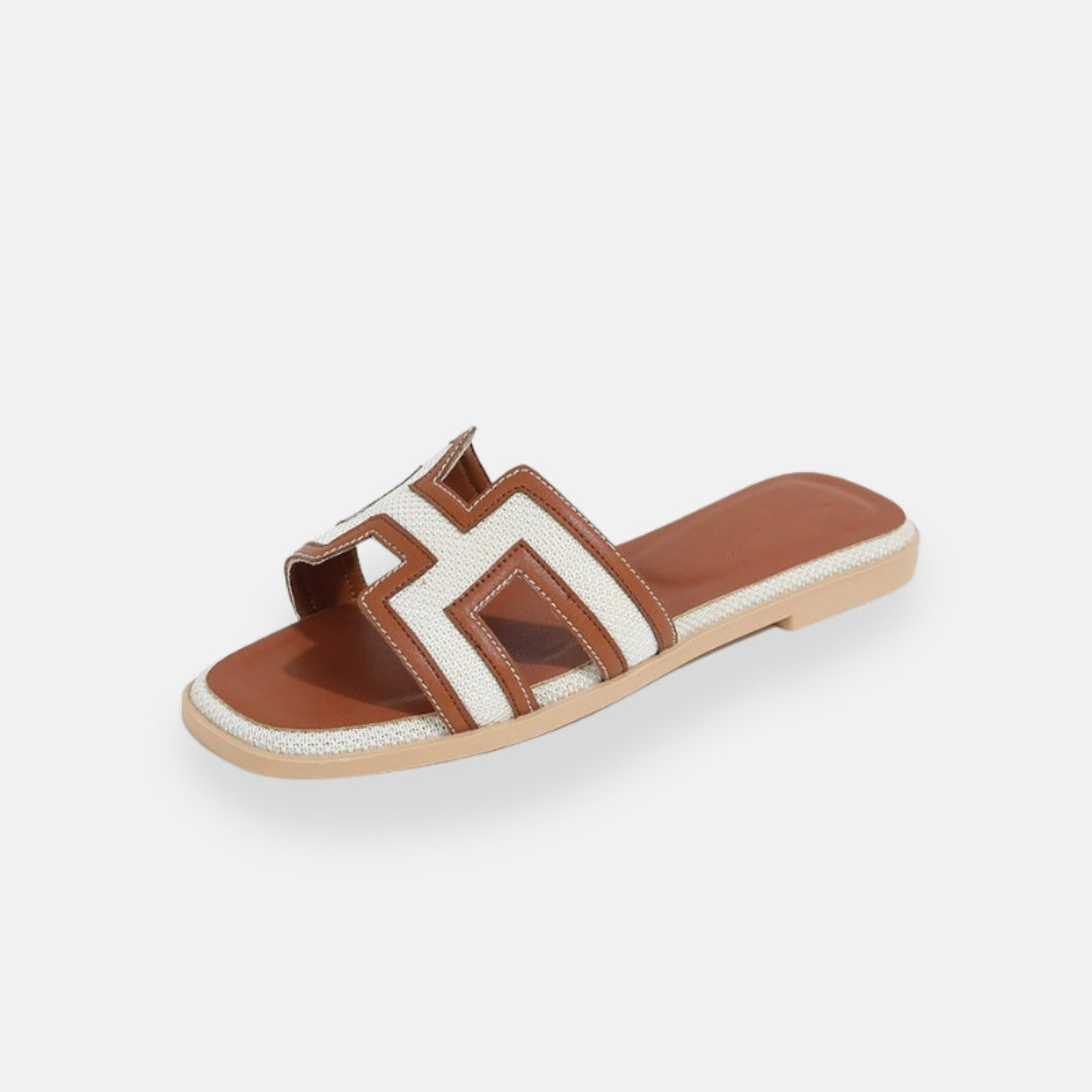 Women's Slip-On Sandals with Geometric Design in Brown, Black, Blue — Main Image