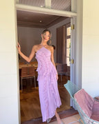 Ruffle Pleated Midi Dress One Shoulder Asymmetrical Purple — Main Image