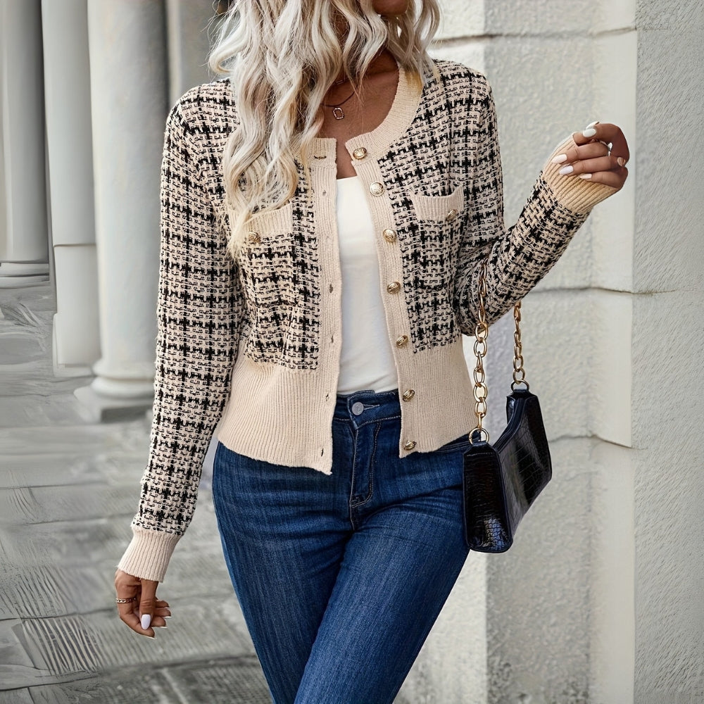 Women's Tweed Button-Up Cardigan Knit Long Sleeve Sweater Jacket Multiple Colors — Image 2