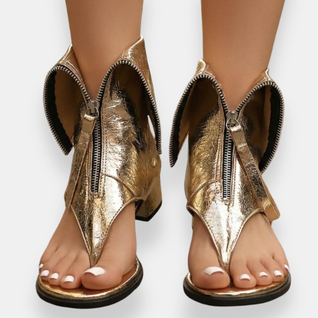 Brand Women's Open Toe Zipper Ankle Boots Metallic Leather Low Heel Sandals — Image 3