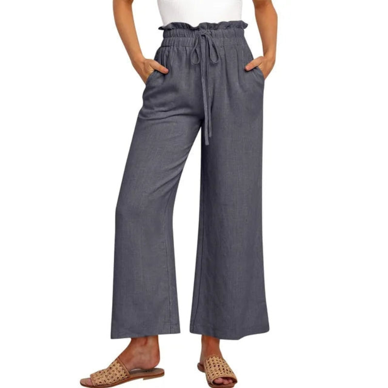 Women's Linen Wide Leg Pants High Waist Elastic Drawstring Casual Trousers — Image 3