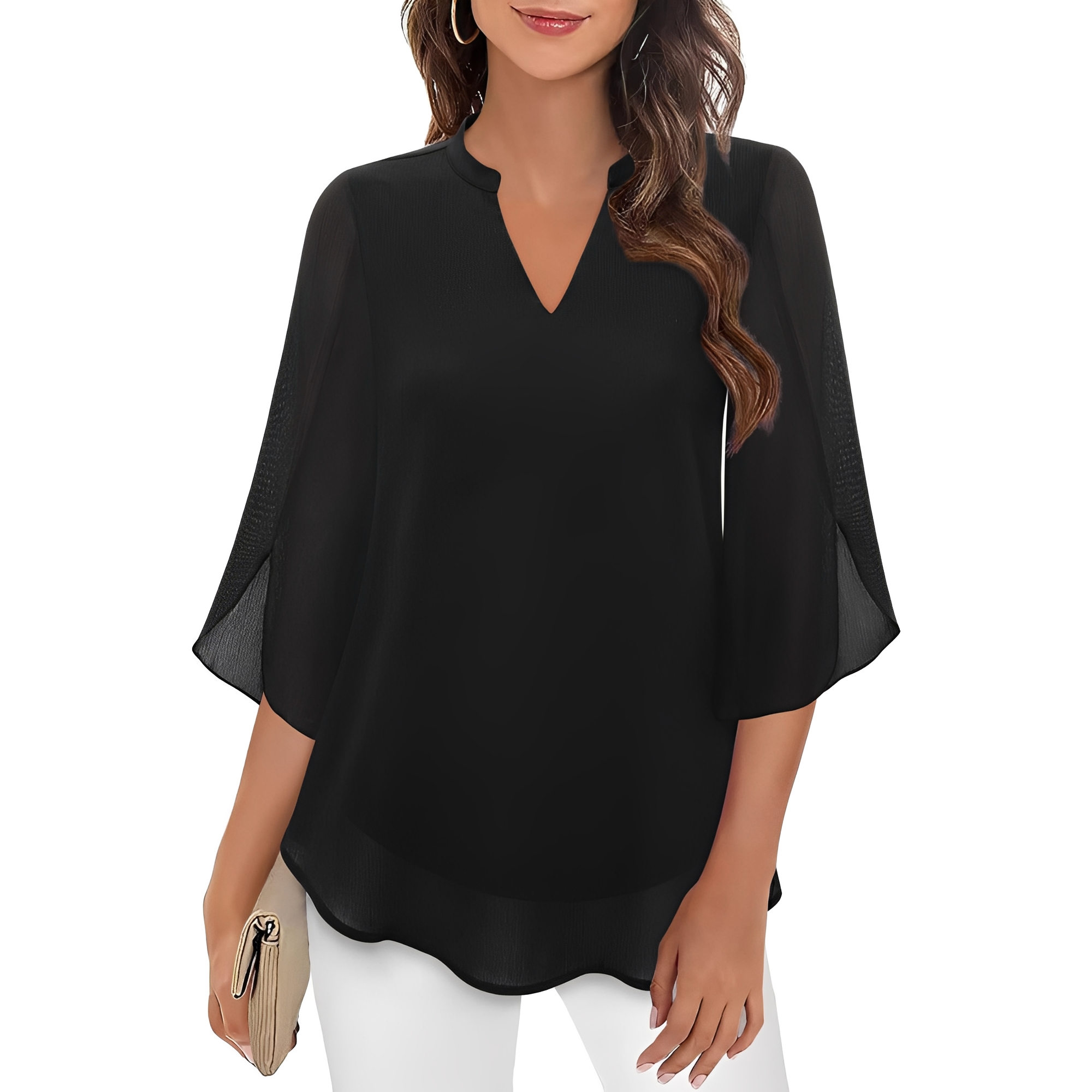 Brand Women's Chiffon V-Neck Blouse 3/4 Sleeve Elegant Top Various Colors — Image 6