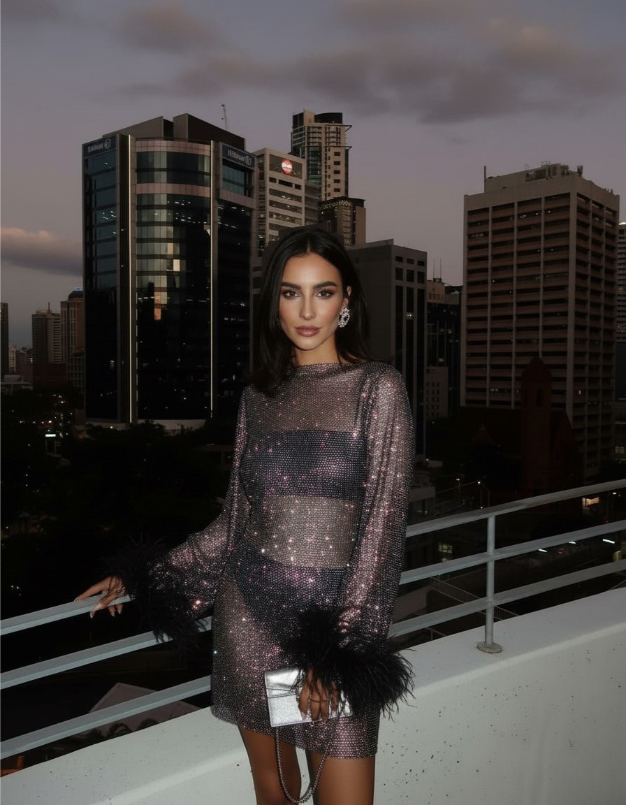 Sparkle Mini Dress with Feather Trim Cuffs - Silver Polyester Party Dress — Image 2