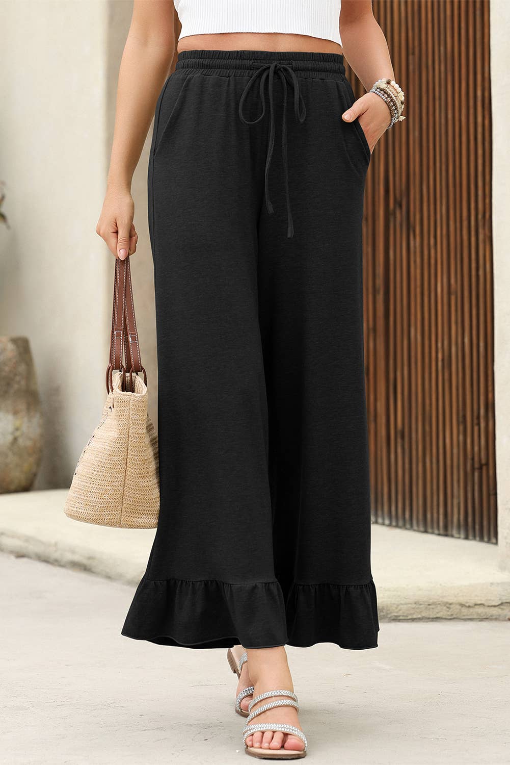 Women's Black Wide-Leg Ruffle Hem Pants Elastic Waist Casual Lightweight — Image 3