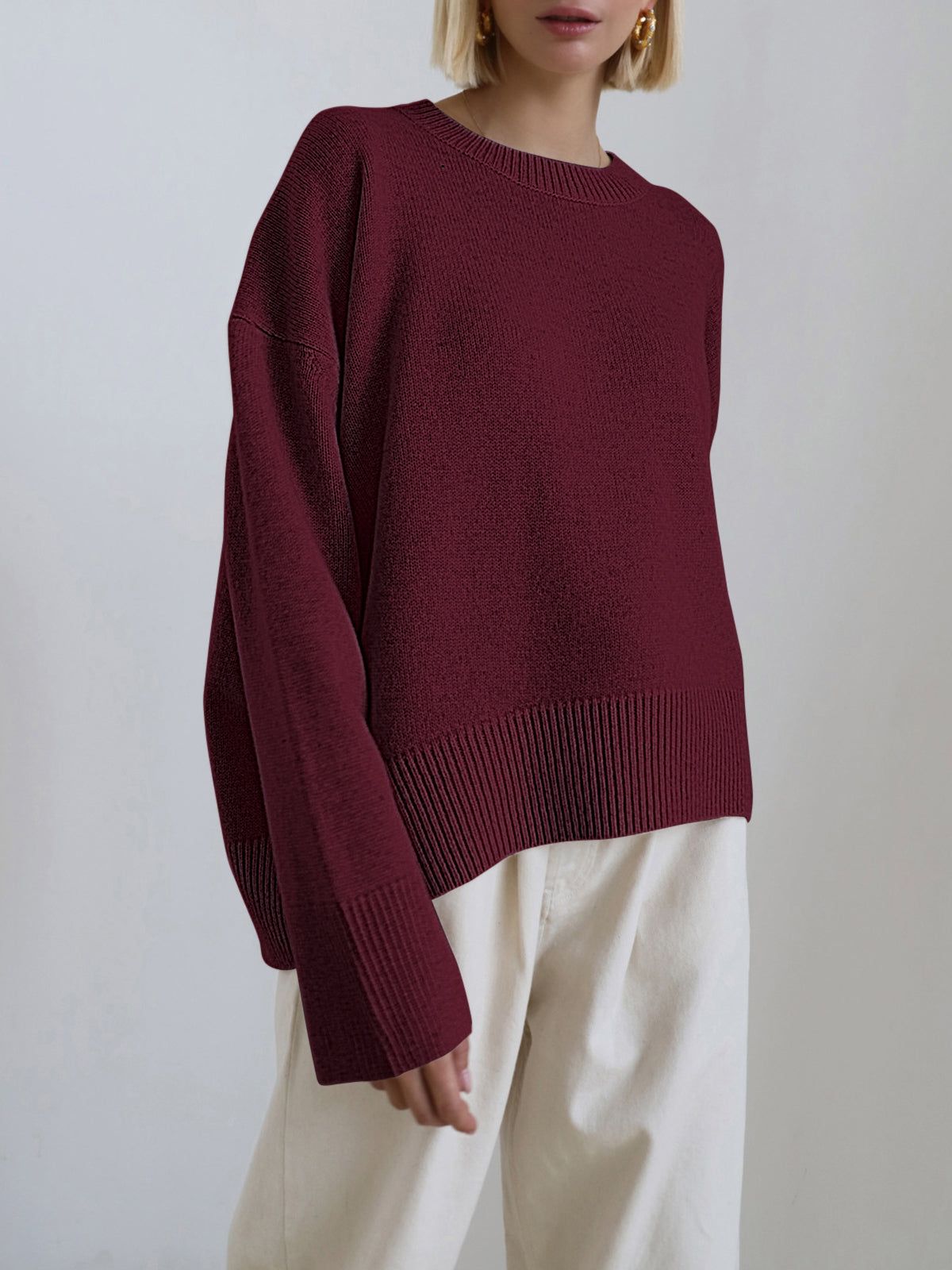 Cashmere Oversized Sweater, Sky Blue, Crew Neck, Ribbed Knit — Image 11