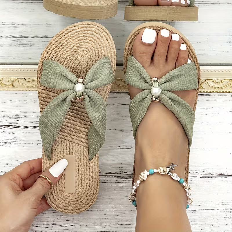 Women's Bowknot Pearl Decor Slip-On Sandals Beige Cotton Comfort Summer Footwear — Image 7