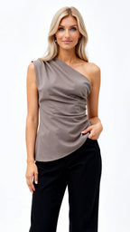 One-Shoulder Blouse: Sleeveless Asymmetrical Top, Sage Green Polyester Blend, Women's Fashion — Image 4