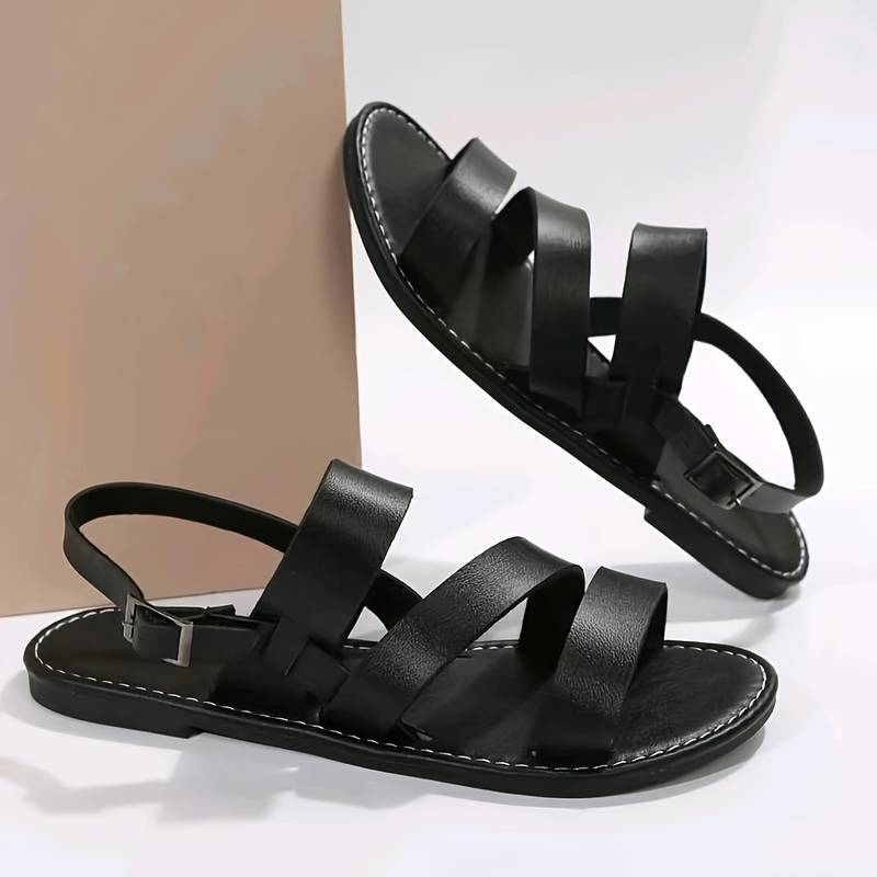 Women's Strappy Sandals Comfortable Leather Flats Black Red Cream Brown — Image 5