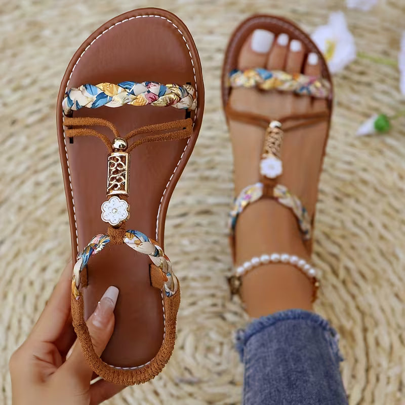 Women's Floral Braided Strap Sandals Multicolor Bohemian Style Summer Footwear — Main Image