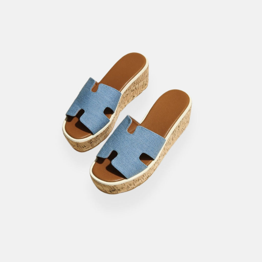 Women's Denim Platform Slide Sandals Cork Wedge Slip-On Shoes Blue — Main Image