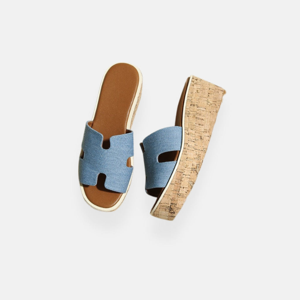 Women's Denim Platform Slide Sandals Cork Wedge Slip-On Shoes Blue — Image 2