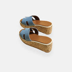 Women's Denim Platform Slide Sandals Cork Wedge Slip-On Shoes Blue — Image 3