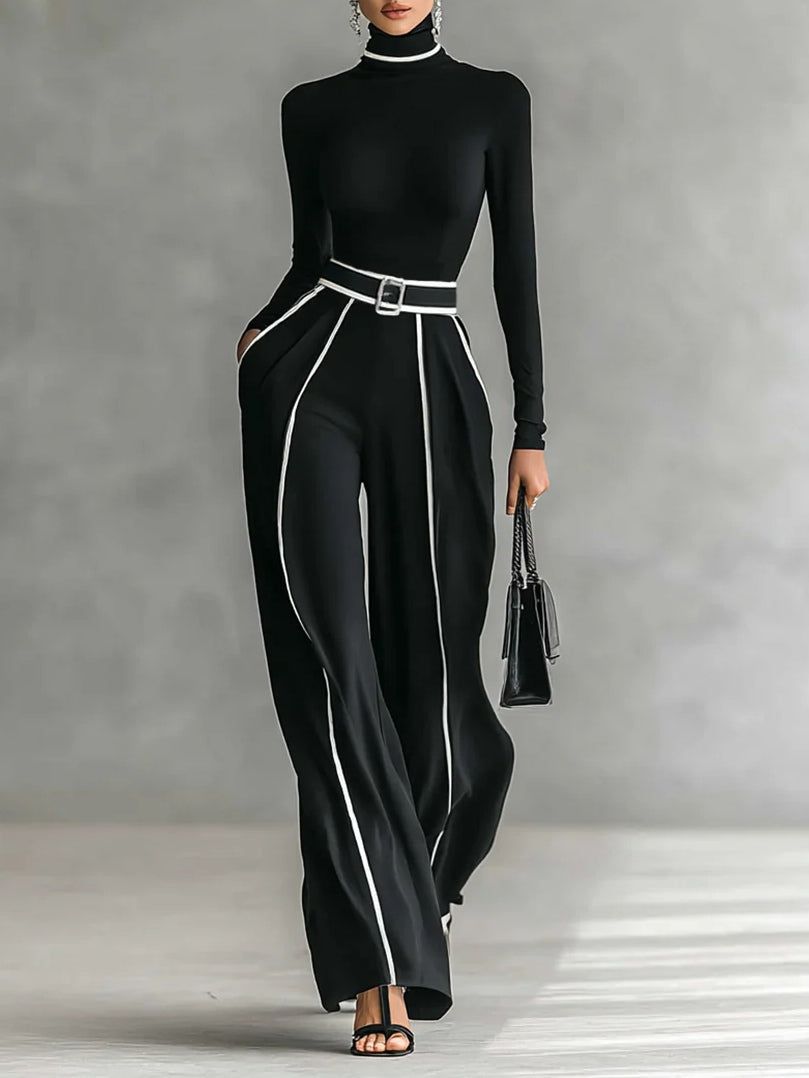 Women's Elegant Pants Set: Turtleneck Long Sleeve Top & Wide Leg Pants with Belt, Black/Gray — Main Image