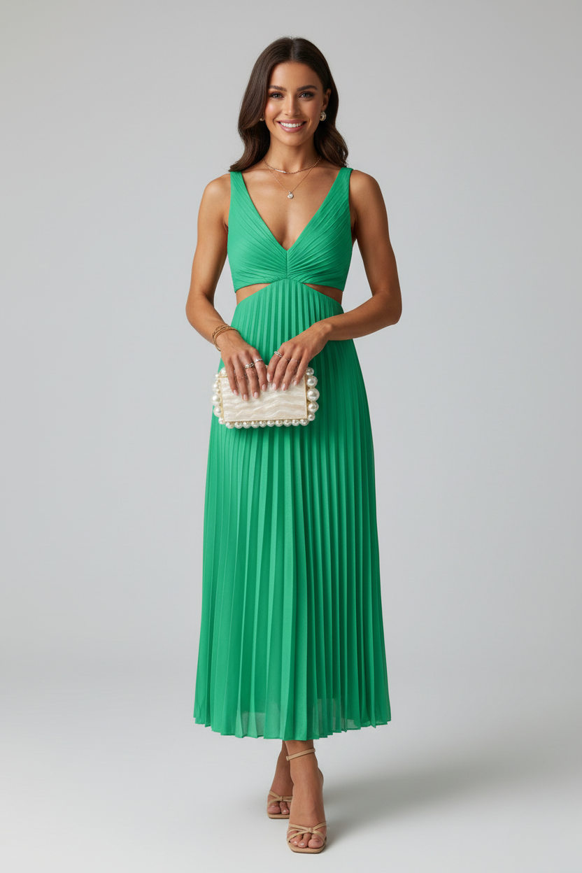 Pleated Midi Dress V-Neck Cutout Waist Sleeveless - Available in Yellow, Purple, Red, Black, Green — Image 6