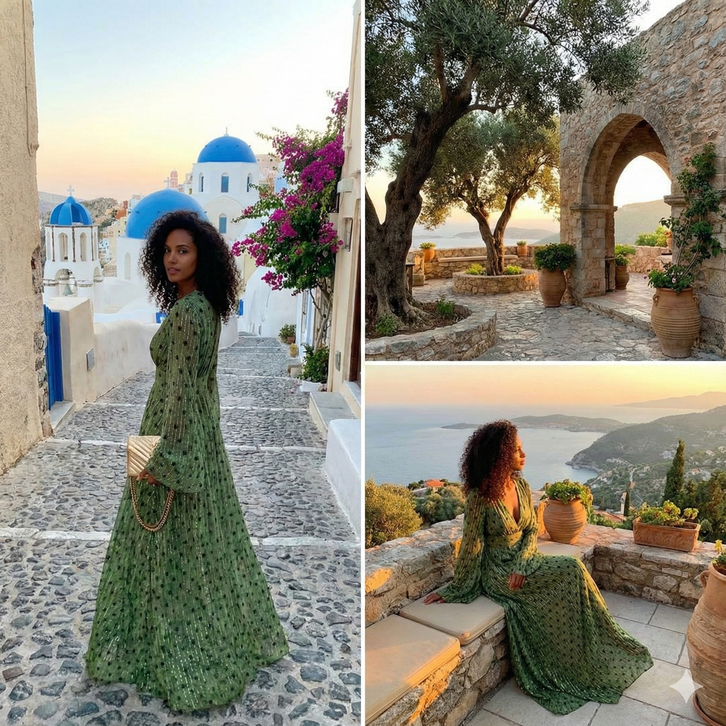 Green Bohemian Maxi Dress - V-Neck Long Sleeve Evening Gown — Image 4