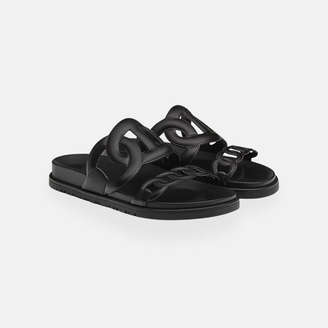 Brand Women's Chain Link Slide Sandals Leather Open-Toe Slip-On Casual Summer Footwear — Image 2