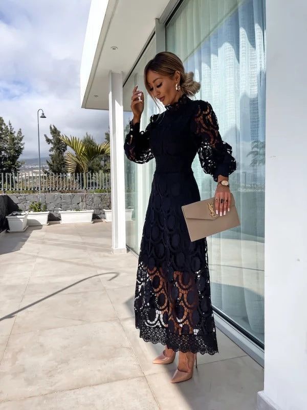 Lace Midi Dress, Long Sleeve, High Neck, A-Line, Pink/Black/White. Elegant Cocktail Party Dress for Women. — Image 7