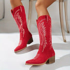 Embroidered Western Cowboy Boots Women's Suede Leather Pointed Toe Block Heel [Color] — Image 9