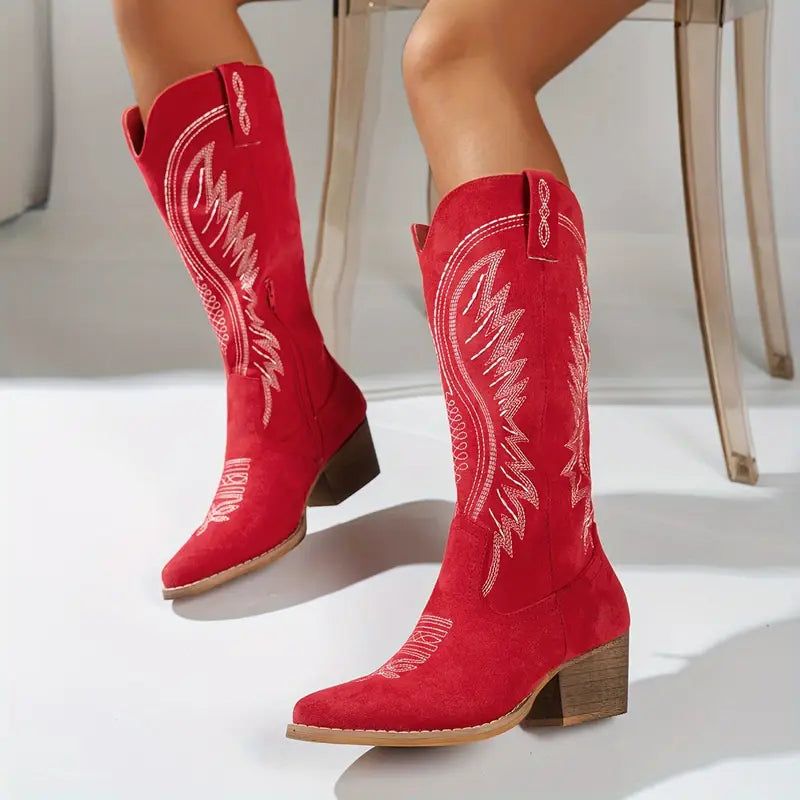 Embroidered Western Cowboy Boots Women's Suede Leather Pointed Toe Block Heel [Color] — Image 9