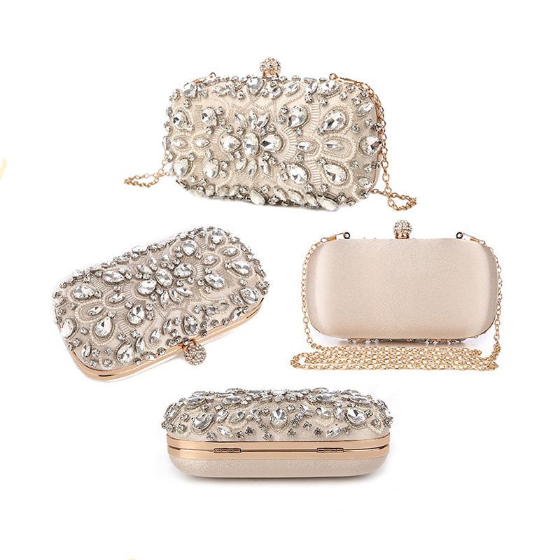 Crystal Beaded Evening Clutch Bag Champagne Wedding Party Prom Purse — Image 3