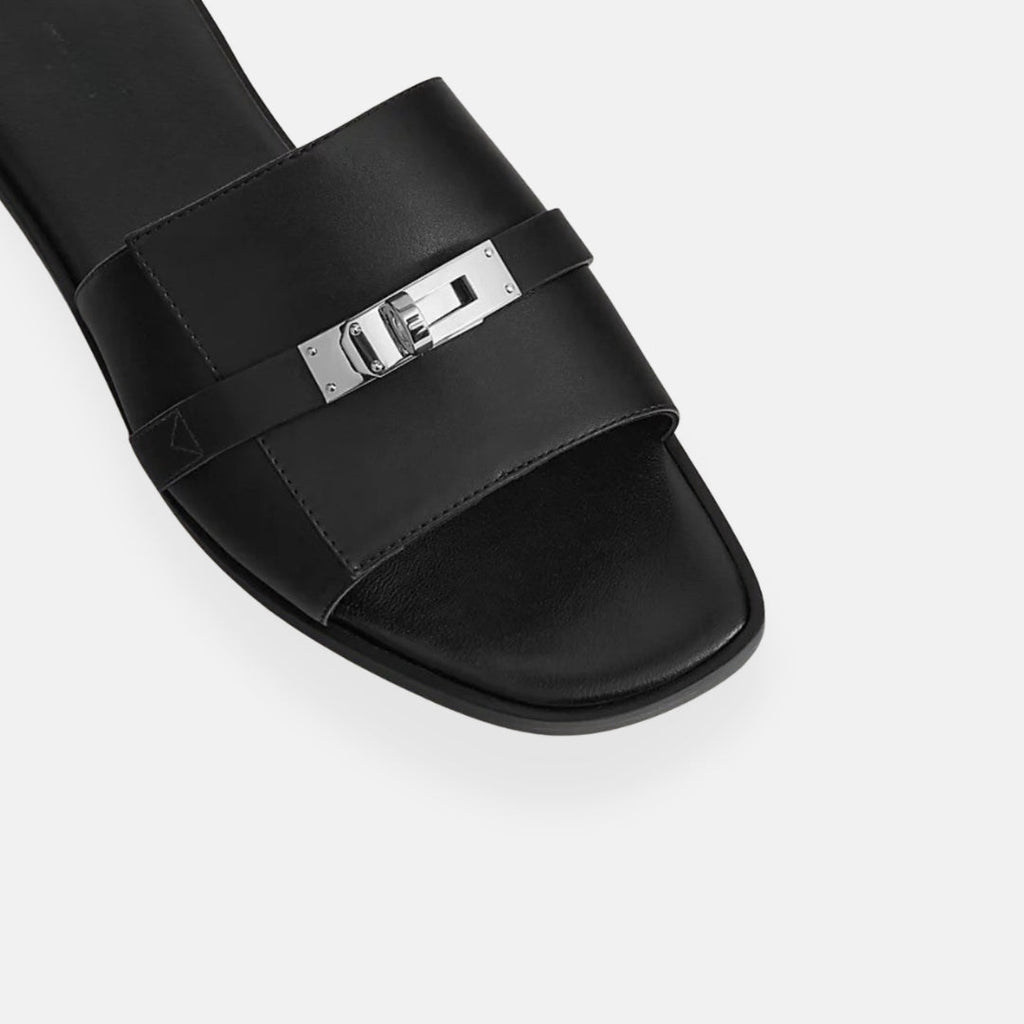 Brand Men's Leather Slide Sandals Black Brown White Slip-On Metal Buckle — Image 2