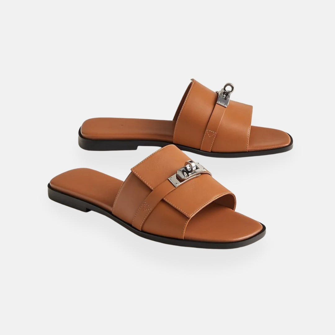 Brand Men's Leather Slide Sandals Black Brown White Slip-On Metal Buckle — Image 3