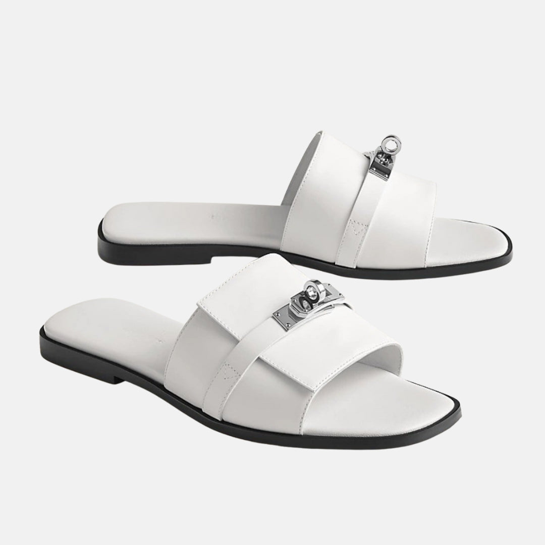 Brand Men's Leather Slide Sandals Black Brown White Slip-On Metal Buckle — Image 4