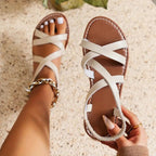 Criss Cross Ankle Strap Sandals Women's Flat Summer Shoes Tan Faux Leather — Image 2
