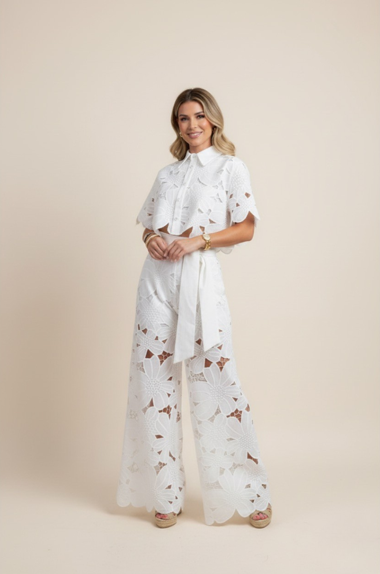 Floral Lace Two-Piece Set: Cropped Shirt & Wide Leg Pants - White Polyester Lace - Women's Fashion — Image 3