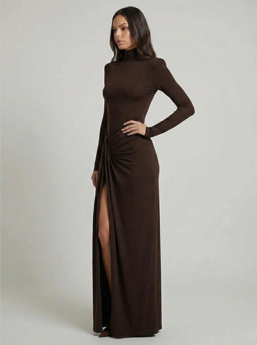 Brown Turtleneck Maxi Dress with Twist Front and Thigh Slit — Image 2