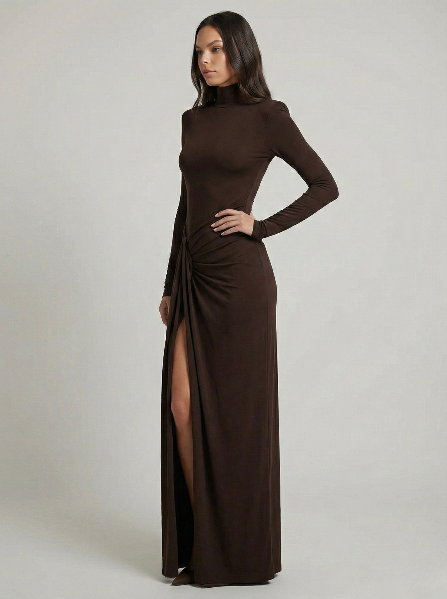 Brown Turtleneck Maxi Dress with Twist Front and Thigh Slit — Image 2