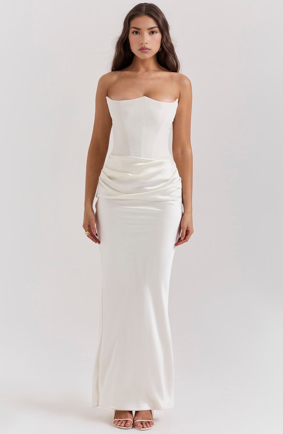 Strapless Corset Maxi Dress Satin Formal Evening Gown - Black, White, Pink, Taupe — Image 7