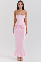 Strapless Corset Maxi Dress Satin Formal Evening Gown - Black, White, Pink, Taupe — Image 9