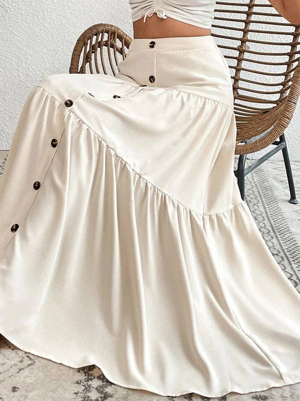 Chic Beige Maxi Skirt Button-Front Flowy Tiered Design Women's Summer Fashion — Image 4