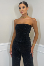 Black Corset Top and Pants Set, Embellished, Strapless Outfit for Women — Image 3
