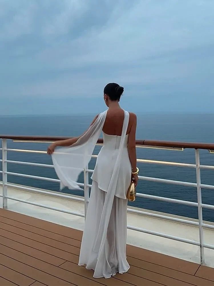 Strapless White Maxi Dress with High Slit and Chiffon Scarf — Image 2