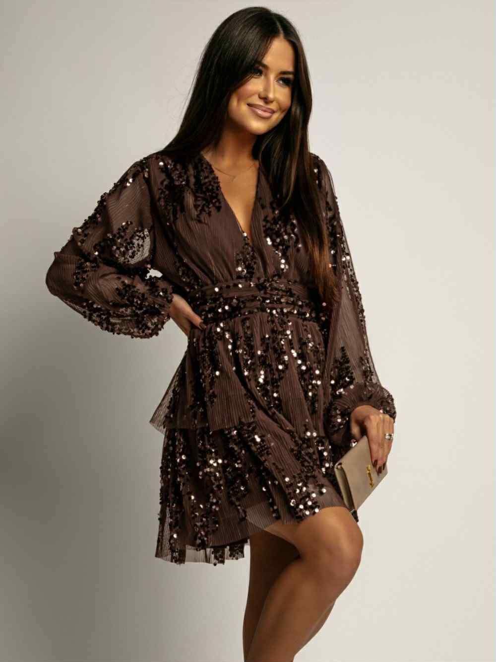 Sequin Tiered Mini Dress, Brown Long Sleeve V-Neck Polyester — Image 5
