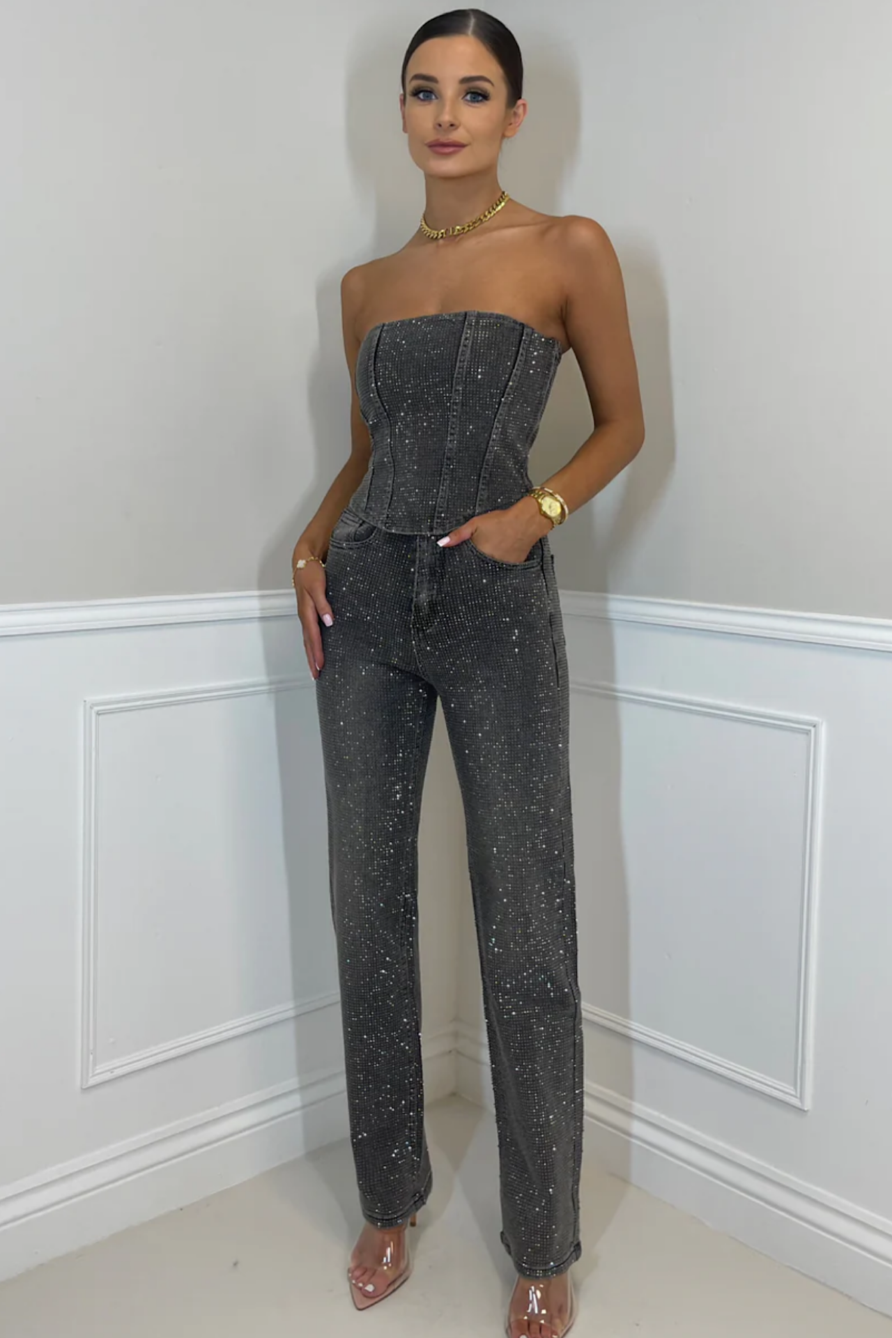 Rhinestone Denim Corset & Pants Set Gray Denim — Main Image