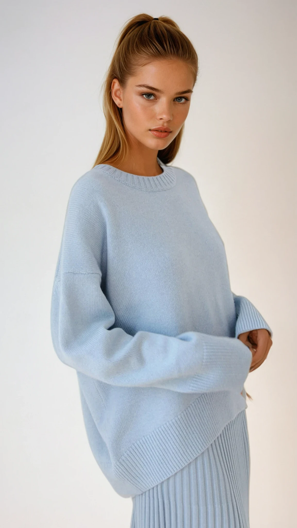 Cashmere Oversized Sweater, Sky Blue, Crew Neck, Ribbed Knit — Main Image