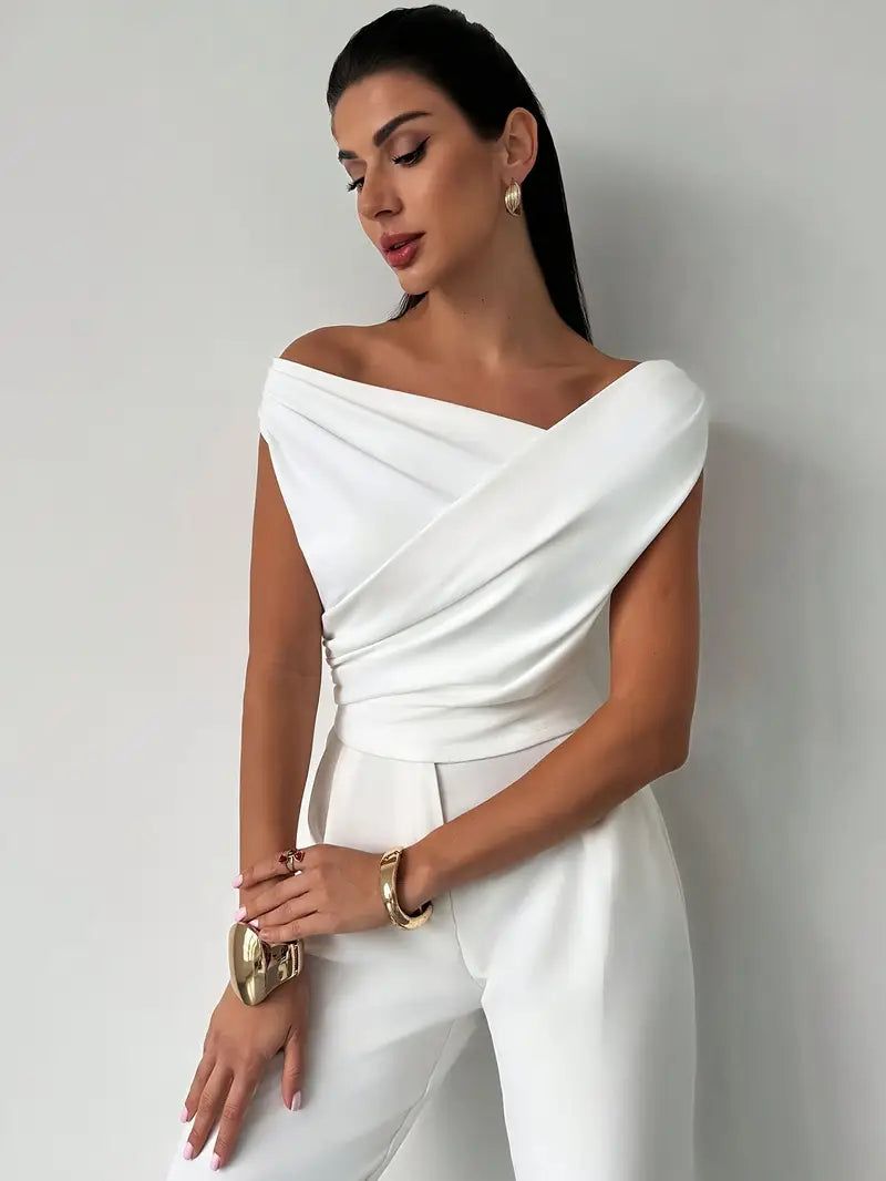 Elegant Off-Shoulder Wrap Top - White Polyester Blouse — Image 2