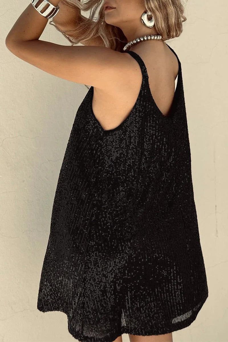 Sequin V-Neck Mini Dress. Assorted colors, polyester material. Sleeveless party dress. — Image 19
