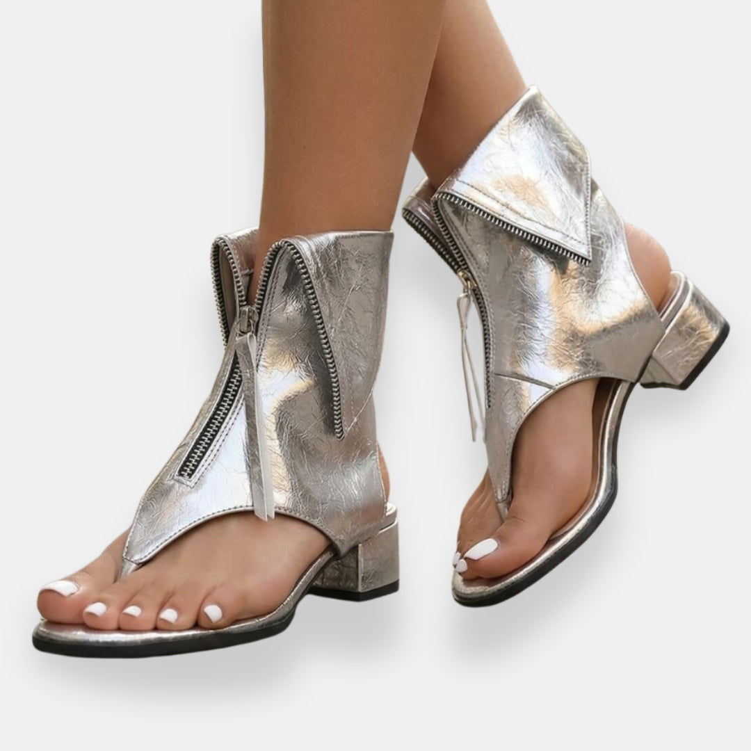 Brand Women's Open Toe Zipper Ankle Boots Metallic Leather Low Heel Sandals — Image 4