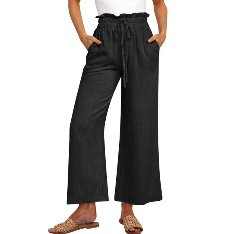 Women's Linen Wide Leg Pants High Waist Elastic Drawstring Casual Trousers — Image 4